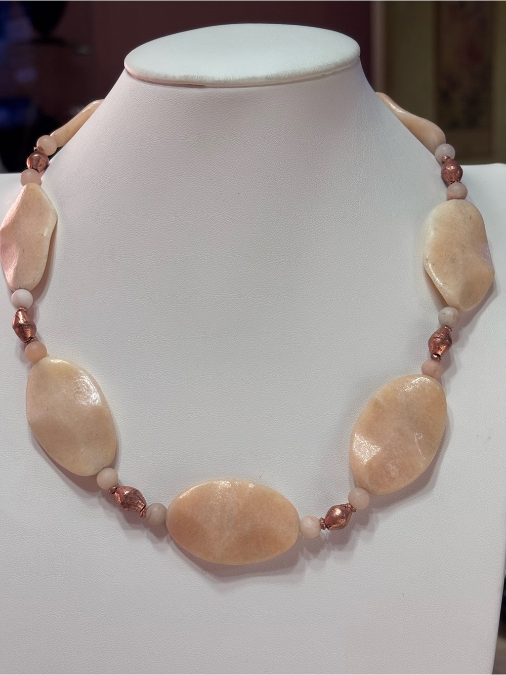 Handmade Peach Stone Beaded Necklace accented with copper beads 20 inches
